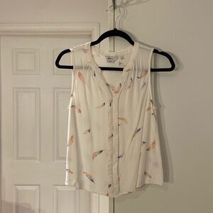 Reitmans top office appropriate white with colorful feathers prints